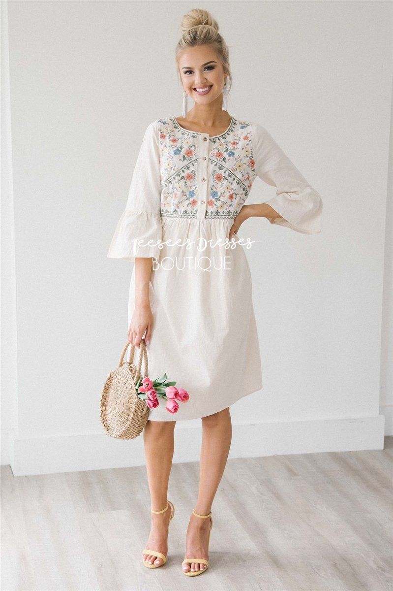 Cream Floral Embroidered Bell Sleeve ...